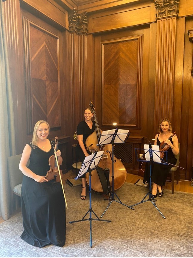 The String Trio of 2 violins and double bass pictured in the Westminster Room at The Old Marylebone Town Hall